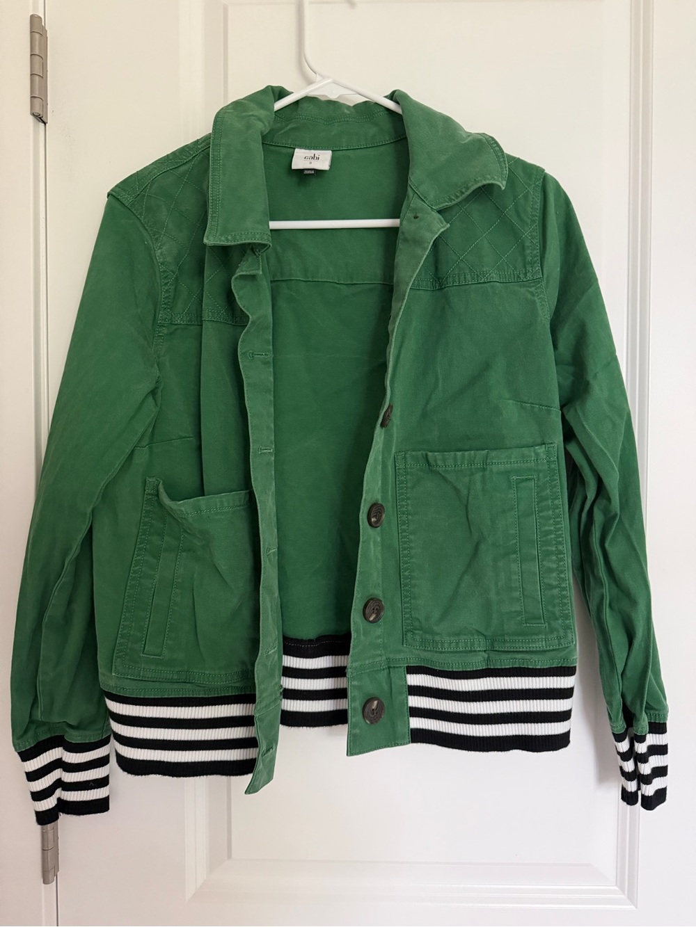 CAbi Green Bomber Jacket with Black & White Striped Rib Hem